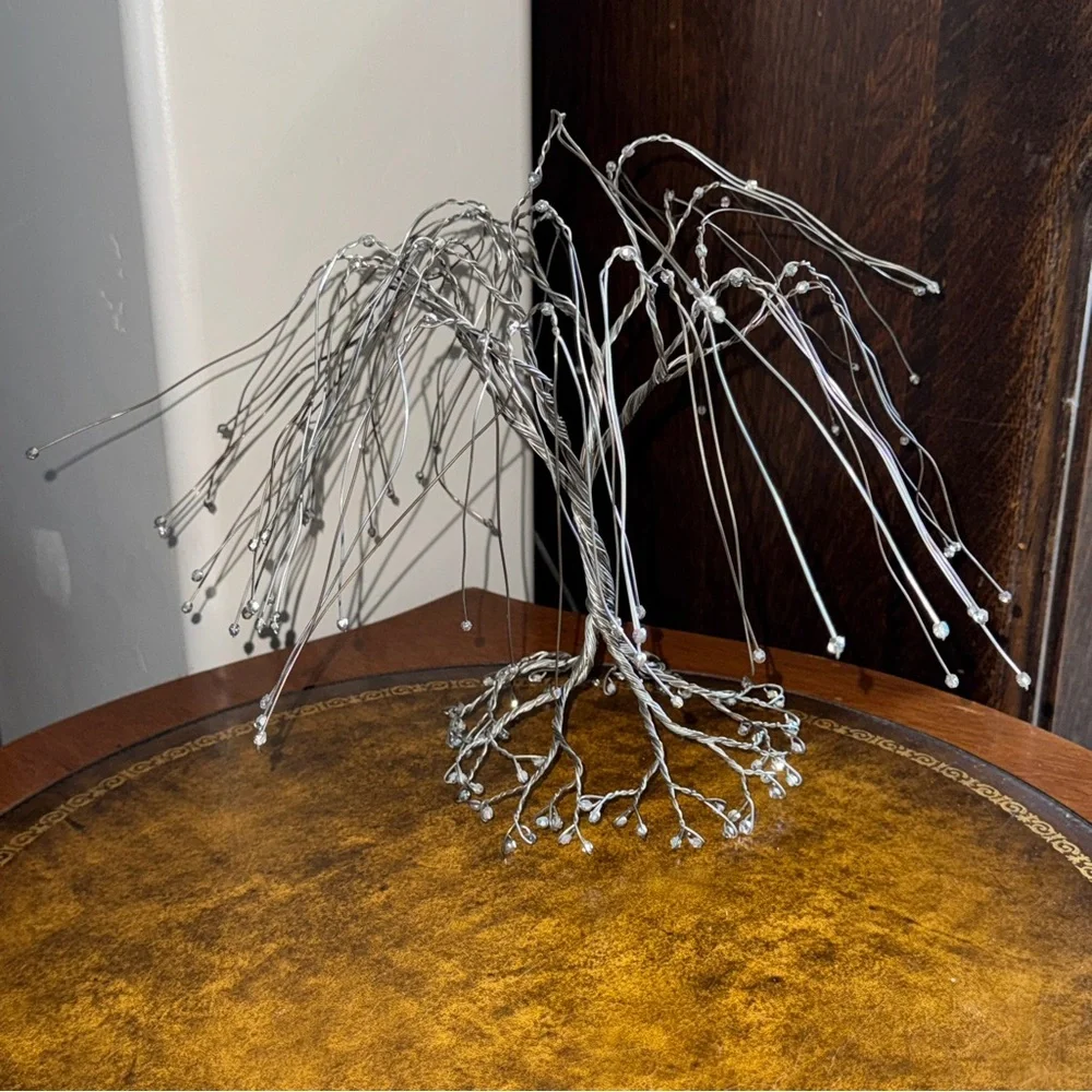 Silver Wire Tree Sculpture Beaded Weeping Willow Bonsai Tree Sculpture Cottage